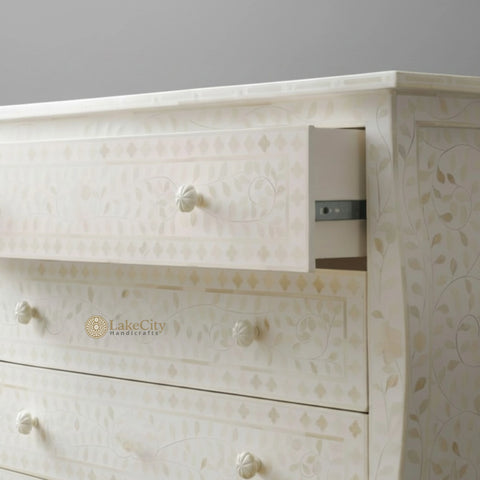 Bone Inlay Floral Design 3 Drawers Curved Leg Dresser Table White