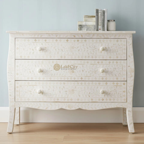 Bone Inlay Floral Design 3 Drawers Curved Leg Dresser Table White