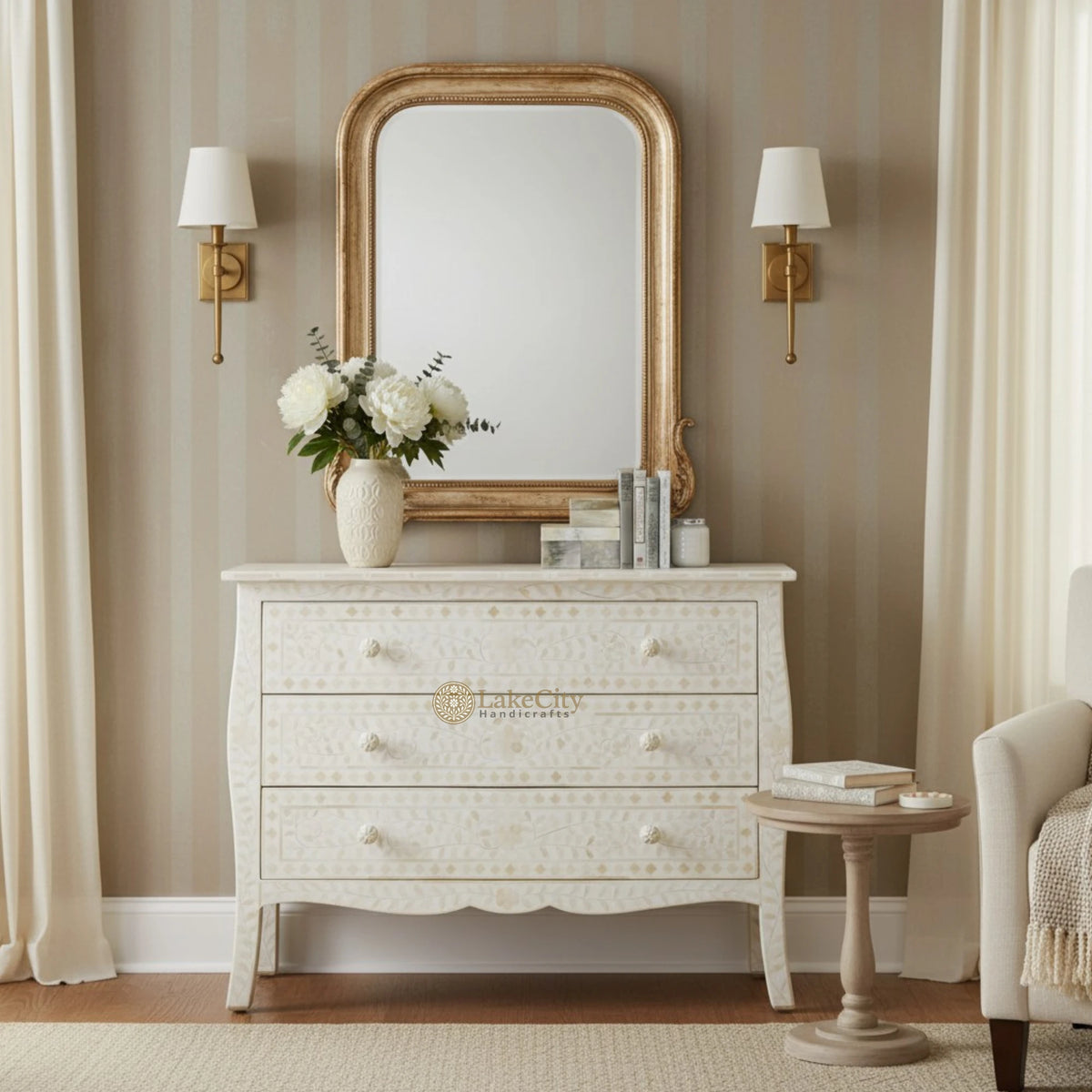Bone Inlay Floral Design 3 Drawers Curved Leg Dresser Table White
