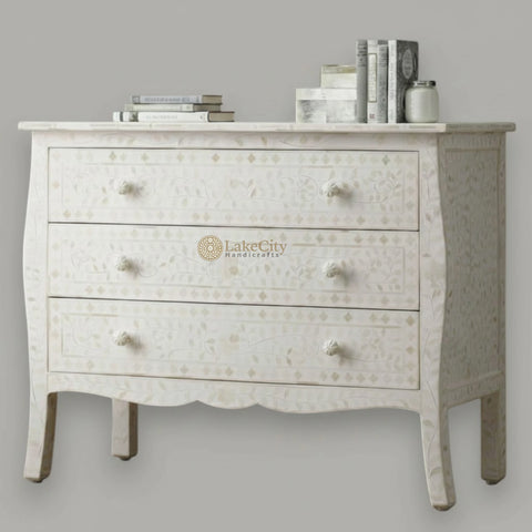 Bone Inlay Floral Design 3 Drawers Curved Leg Dresser Table White