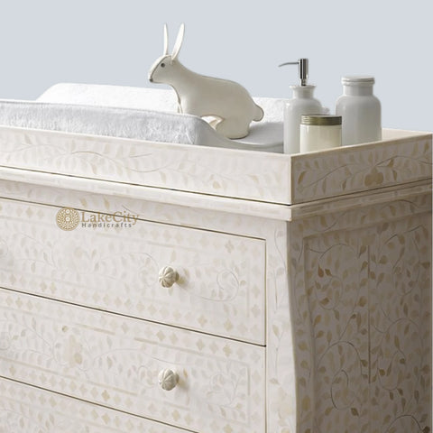 Bone Inlay Floral Design 3 Drawers Curved Leg Dresser Table White with Topper