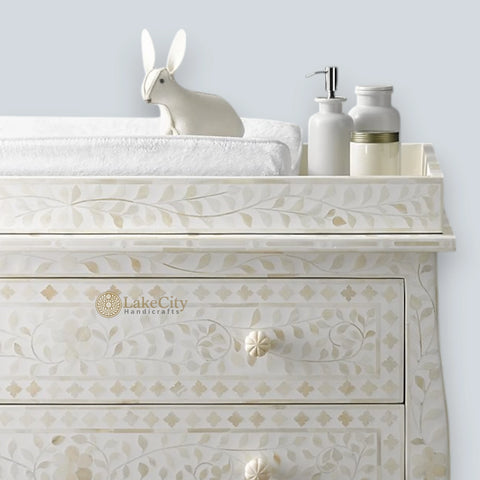 Bone Inlay Floral Design 3 Drawers Curved Leg Dresser Table White with Topper