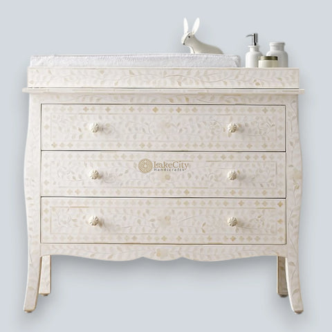 Bone Inlay Floral Design 3 Drawers Curved Leg Dresser Table White with Topper