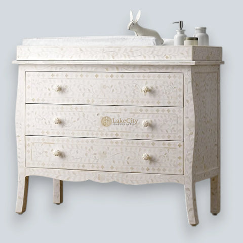 Bone Inlay Floral Design 3 Drawers Curved Leg Dresser Table White with Topper