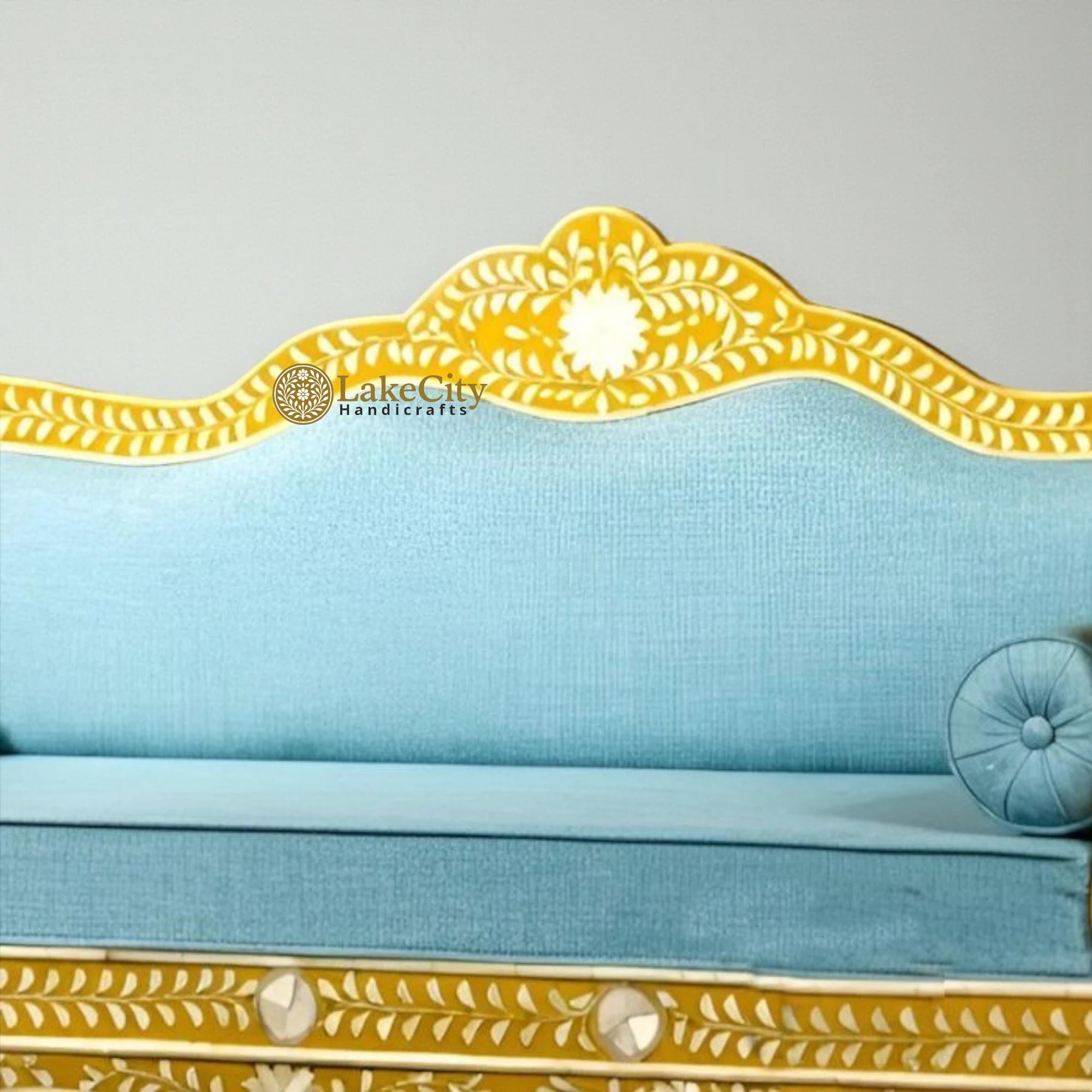 Bone Inlay Floral Design 3 Seater Sofa Yellow | Bone Inlay Floral Design 3 Seater Diwan Yellow
