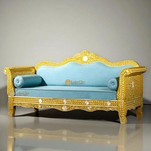 Bone Inlay Floral Design 3 Seater Sofa Yellow | Bone Inlay Floral Design 3 Seater Diwan Yellow