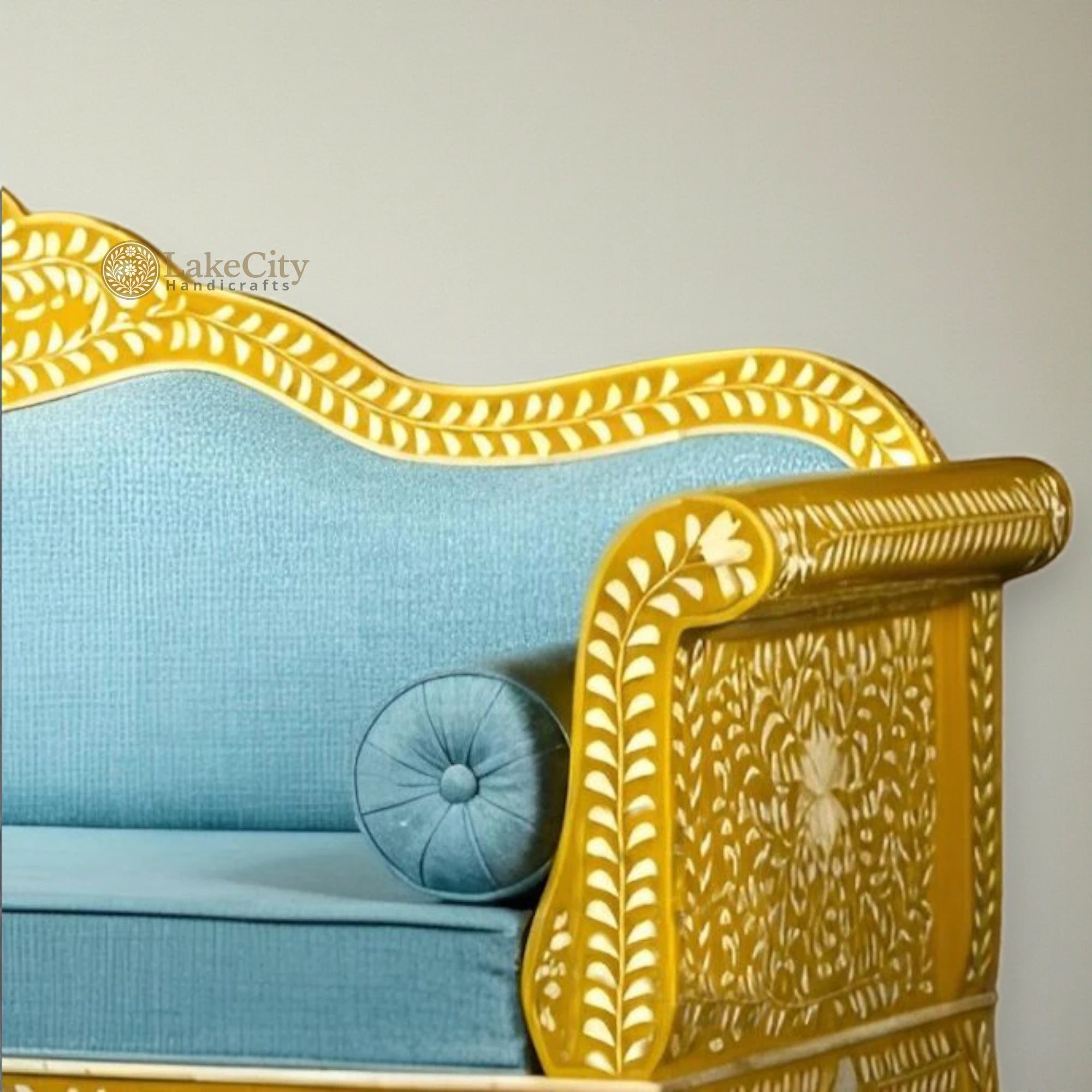 Bone Inlay Floral Design 3 Seater Sofa Yellow | Bone Inlay Floral Design 3 Seater Diwan Yellow