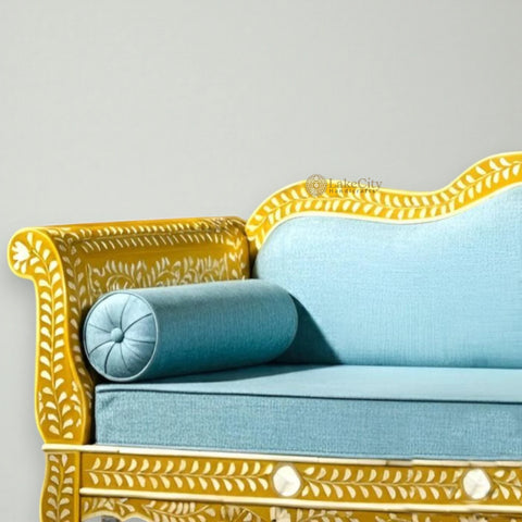 Bone Inlay Floral Design 3 Seater Sofa Yellow | Bone Inlay Floral Design 3 Seater Diwan Yellow