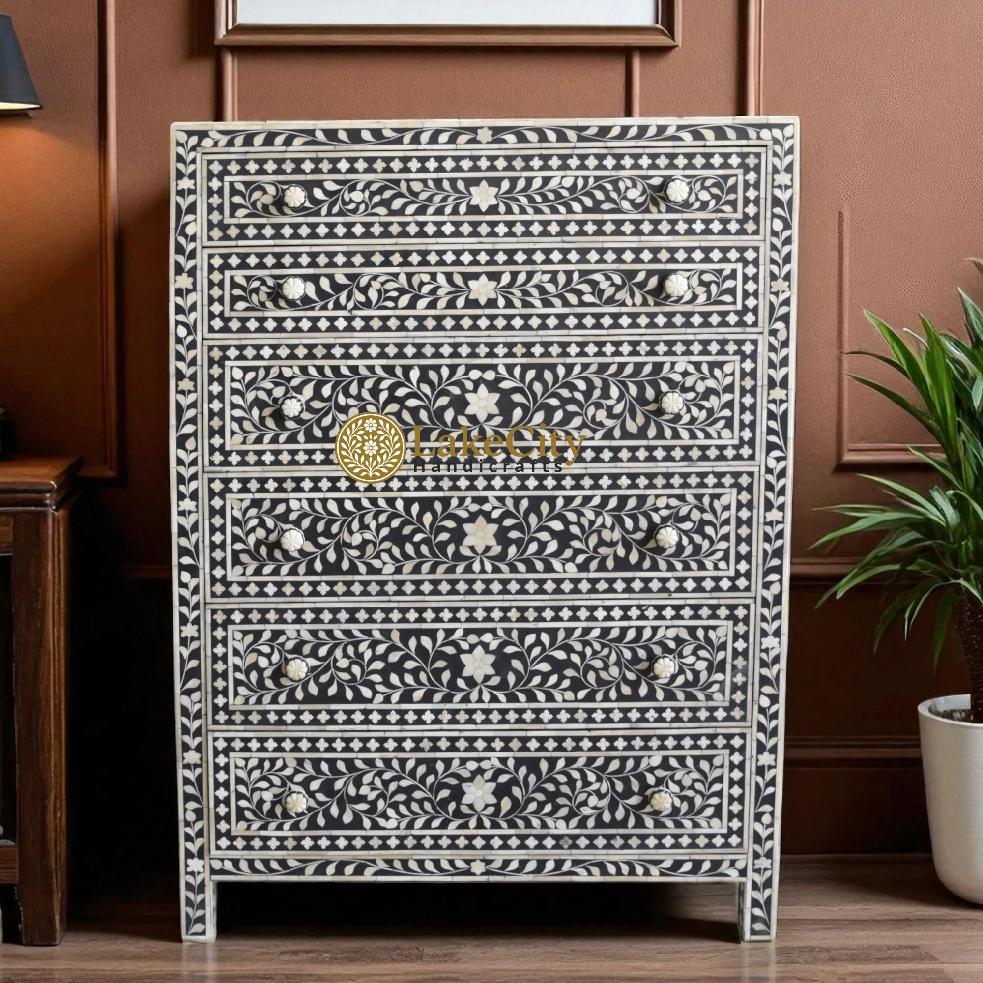 Bone Inlay Designs Bone Inlay Floral Design 6 Drawers Chest | Bone Inlay Floral Design 6 ...