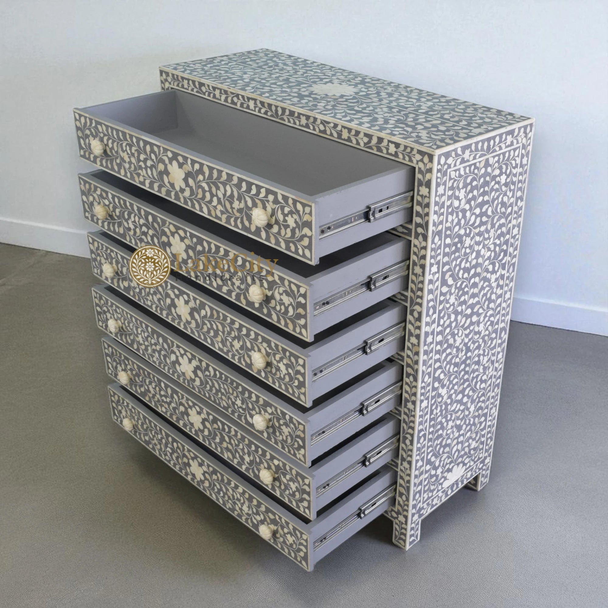 Bone Inlay Floral Design 6 Drawers Chest | Bone Inlay Floral Design 6 Drawers Dresser Table