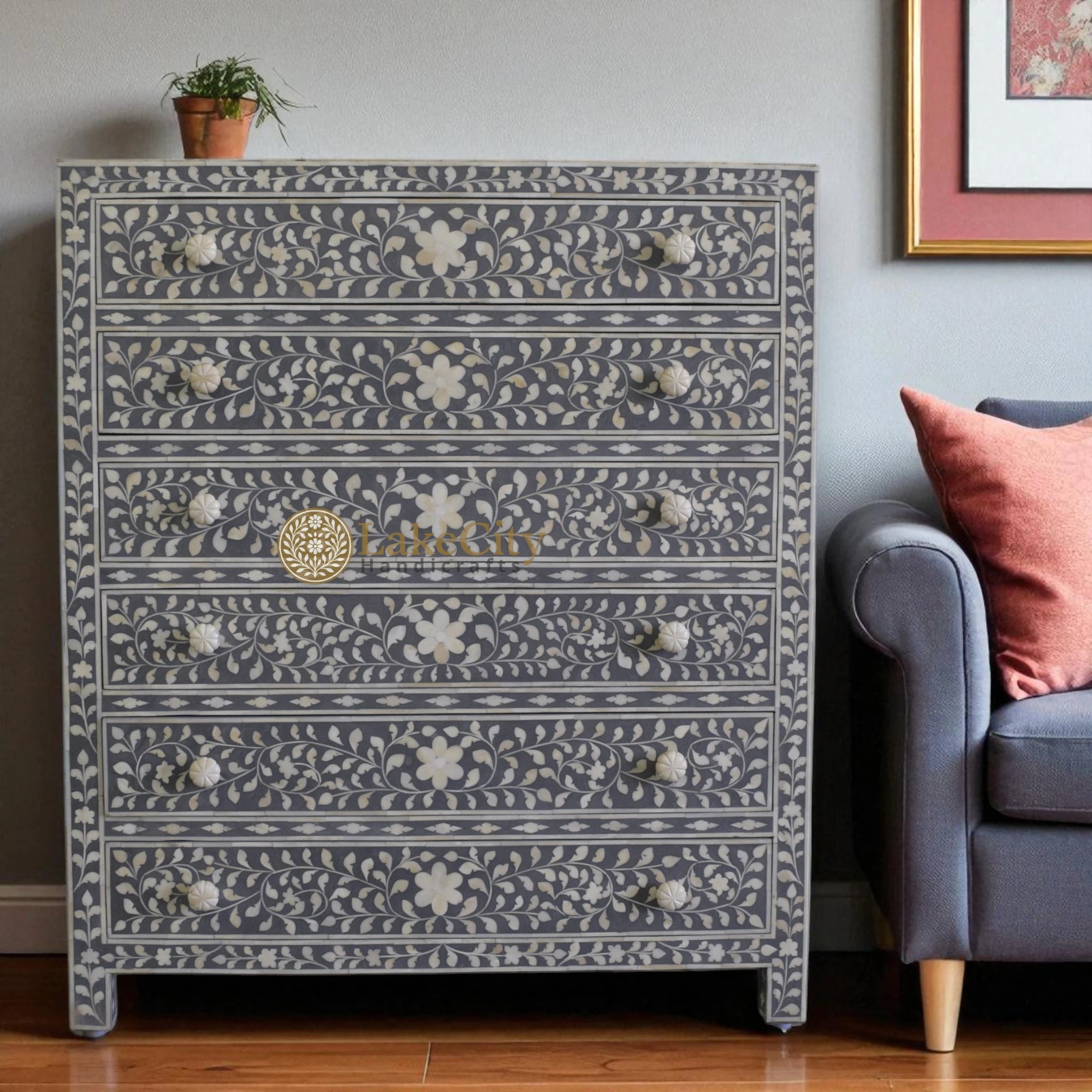 Bone Inlay Floral Design 6 Drawers Chest | Bone Inlay Floral Design 6 Drawers Dresser Table