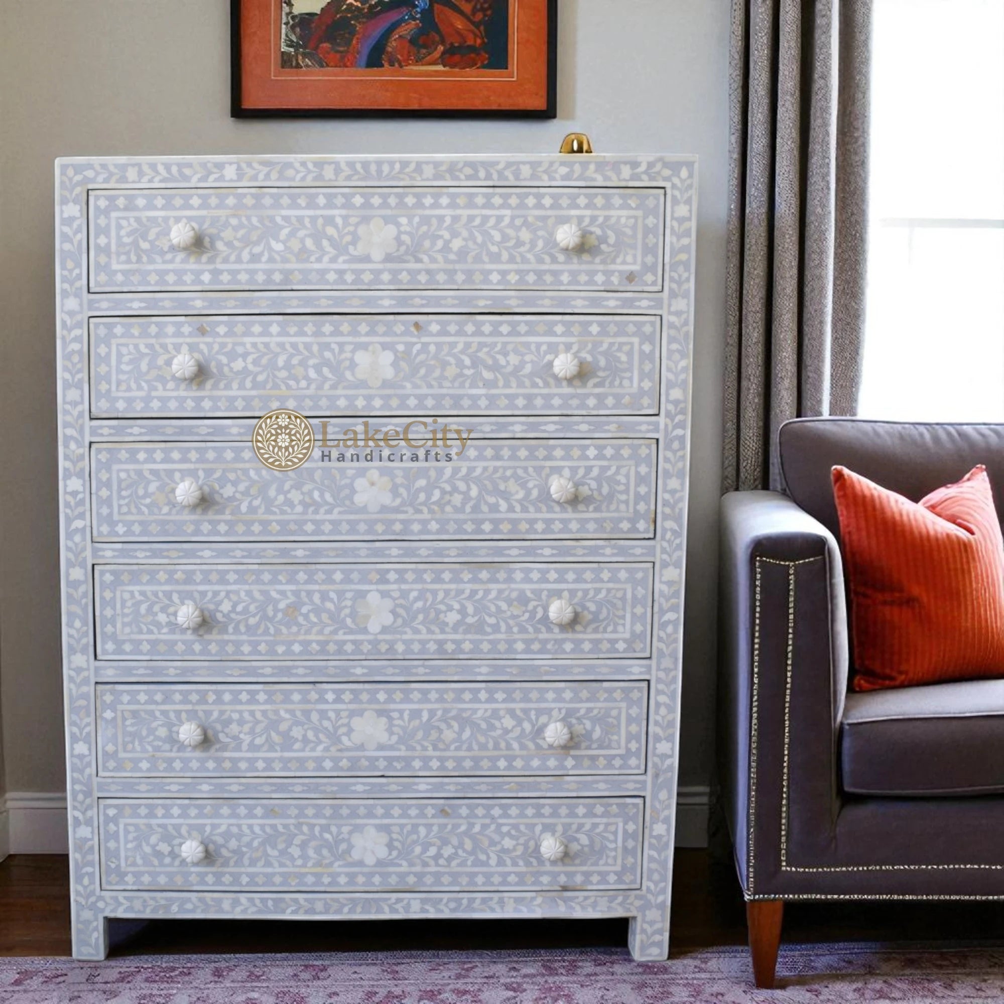 Bone Inlay Floral Design 6 Drawers Chest | Bone Inlay Floral Design 6 Drawers Dresser Table
