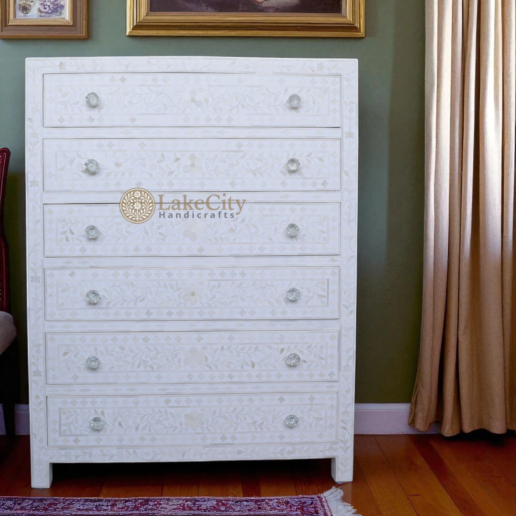 Bone Inlay Floral Design 6 Drawers Chest | Bone Inlay Floral Design 6 Drawers Dresser Table