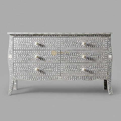 Bone Inlay Floral Design 6 Drawers Curved Leg Dresser Table Grey