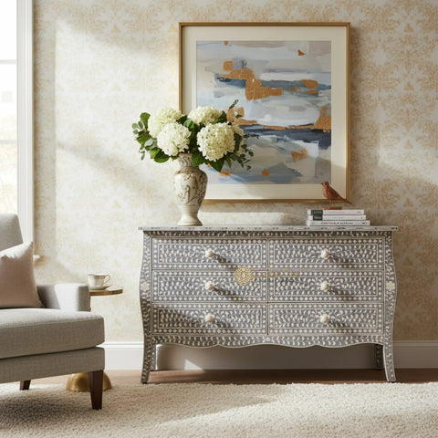 Bone Inlay Floral Design 6 Drawers Curved Leg Dresser Table Grey
