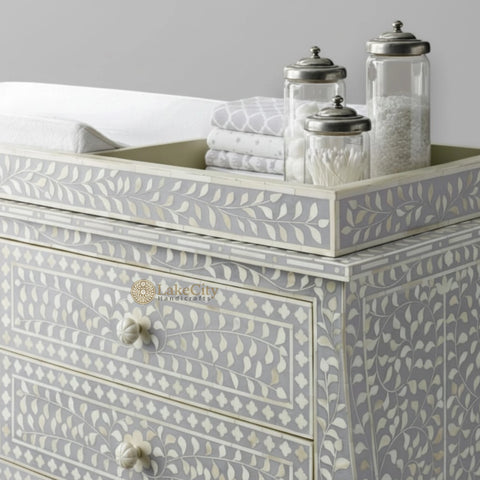 Bone Inlay Floral Design 6 Drawers Curved Leg Dresser Table Grey with Topper