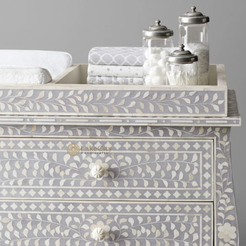 Bone Inlay Floral Design 6 Drawers Curved Leg Dresser Table Grey with Topper