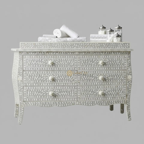 Bone Inlay Floral Design 6 Drawers Curved Leg Dresser Table Grey with Topper