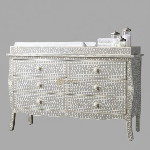 Bone Inlay Floral Design 6 Drawers Curved Leg Dresser Table Grey with Topper