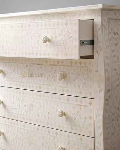 Bone Inlay Floral Design 6 Drawers Curved Leg Dresser Table White