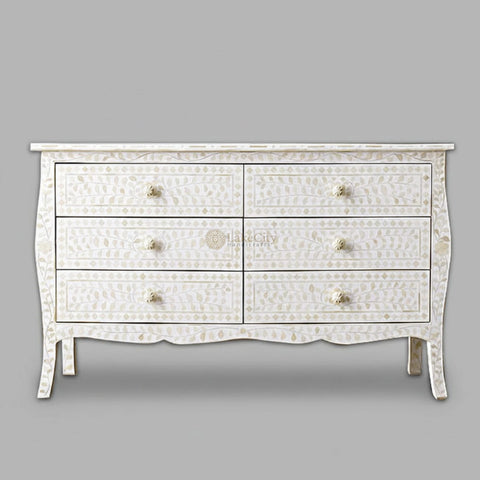 Bone Inlay Floral Design 6 Drawers Curved Leg Dresser Table White