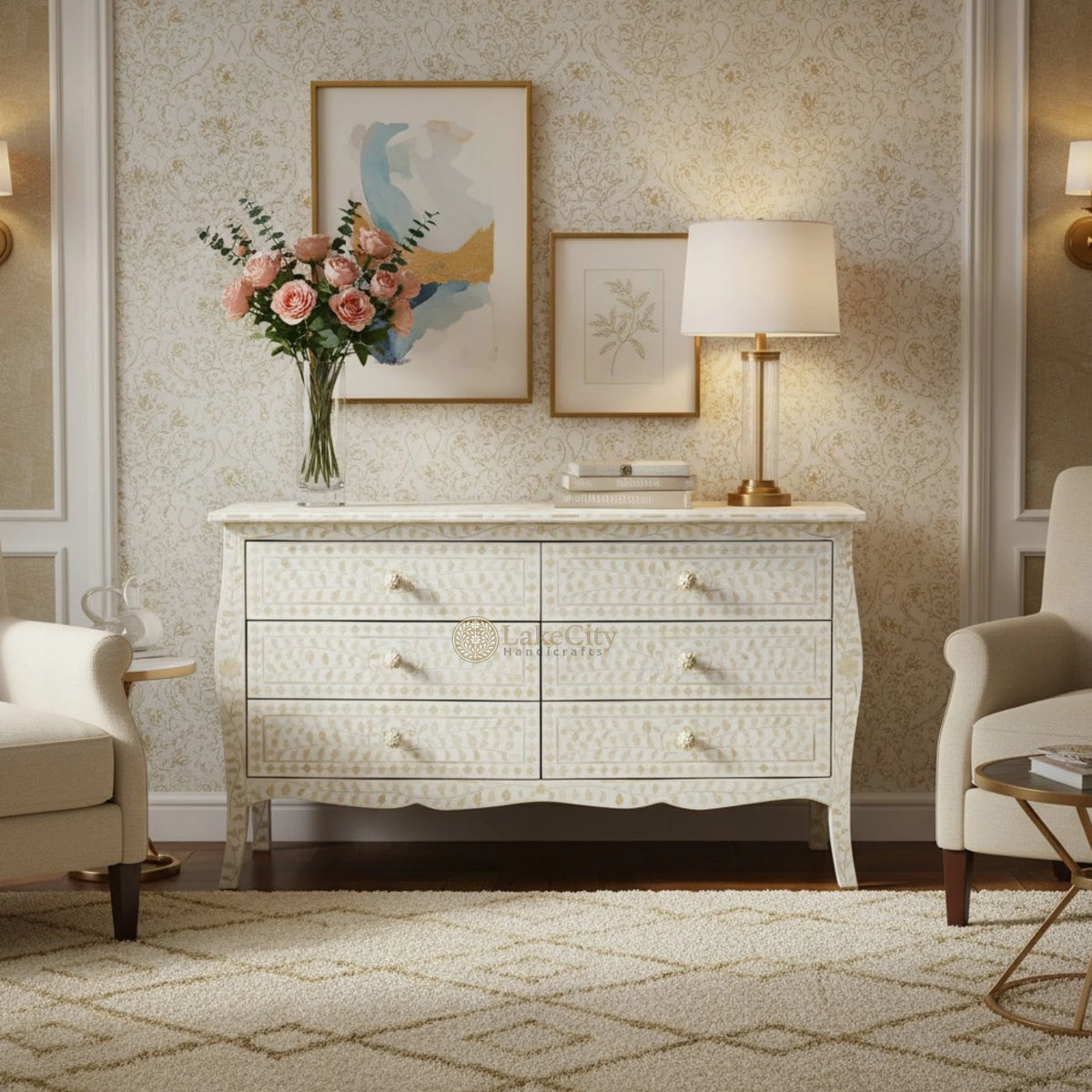 Bone Inlay Floral Design 6 Drawers Curved Leg Dresser Table White