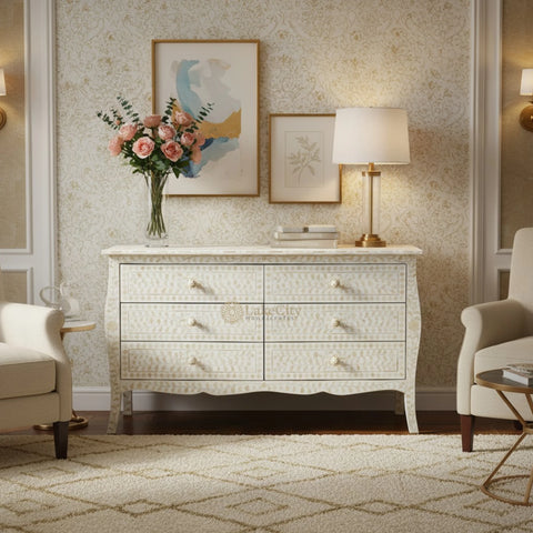 Bone Inlay Floral Design 6 Drawers Curved Leg Dresser Table White