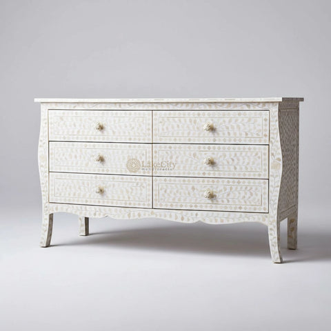 Bone Inlay Floral Design 6 Drawers Curved Leg Dresser Table White