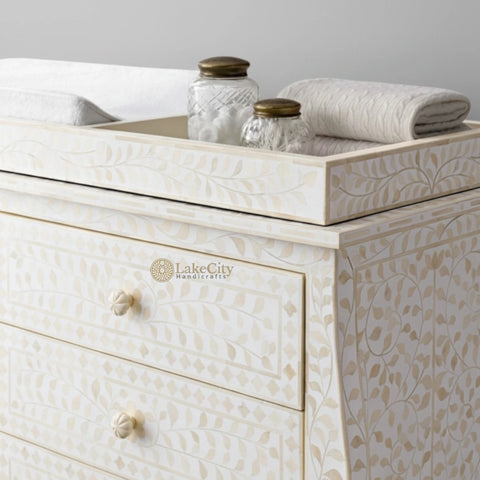 Bone Inlay Floral Design 6 Drawers Curved Leg Dresser Table White with Topper