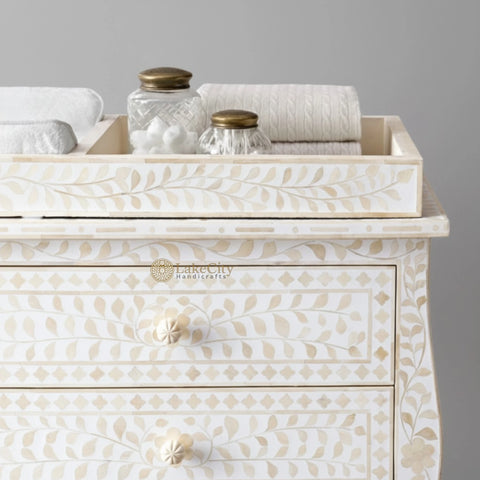 Bone Inlay Floral Design 6 Drawers Curved Leg Dresser Table White with Topper