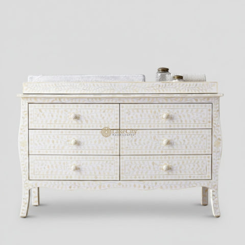 Bone Inlay Floral Design 6 Drawers Curved Leg Dresser Table White with Topper