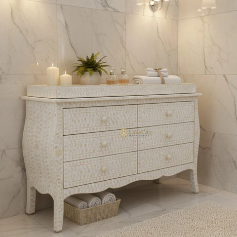 Bone Inlay Floral Design 6 Drawers Curved Leg Dresser Table White with Topper