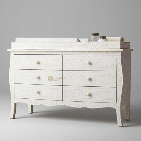 Bone Inlay Floral Design 6 Drawers Curved Leg Dresser Table White with Topper