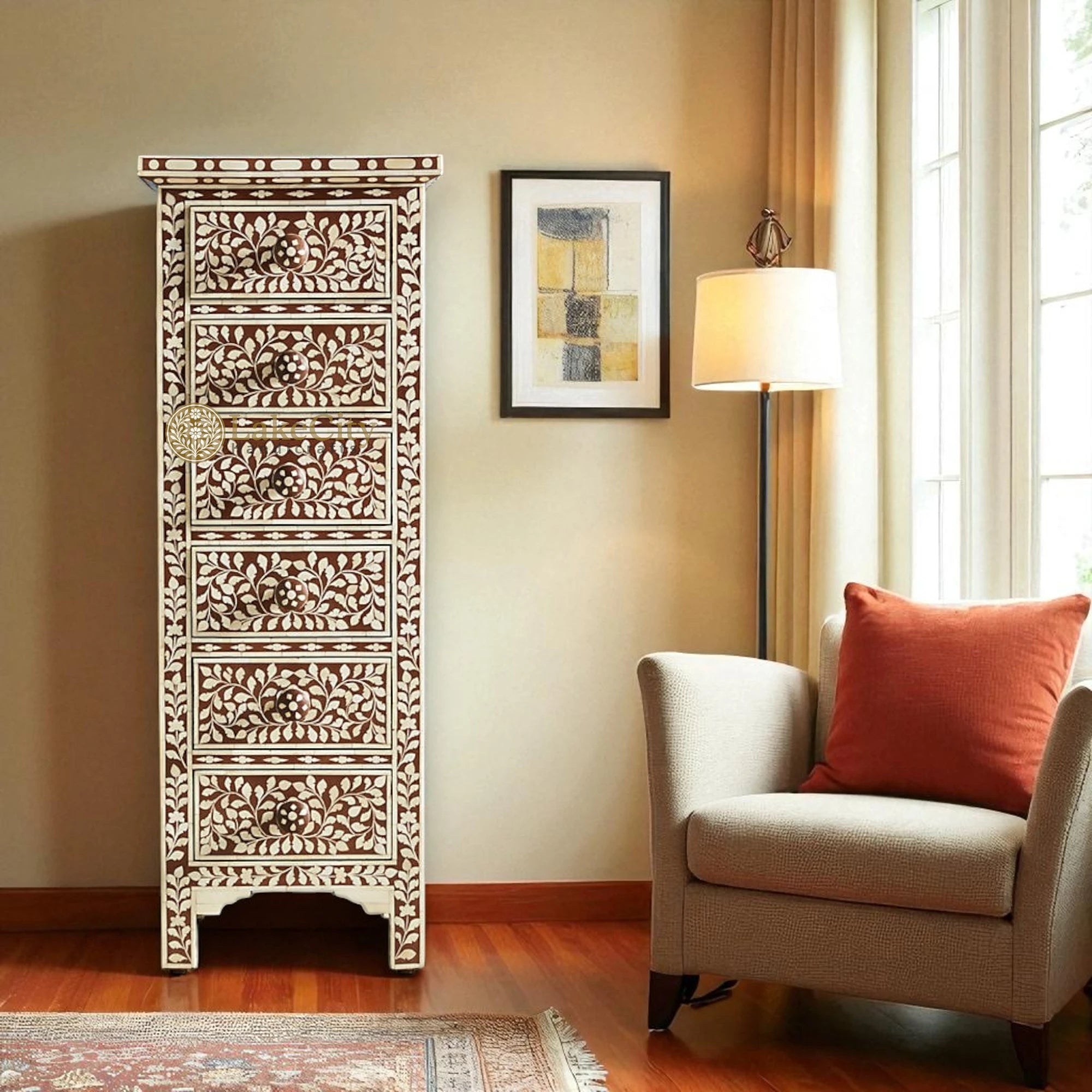 Bone Inlay Floral Design 6 Drawers Lingerie Chest | Bone Inlay Floral Design 6 Drawers Lingerie Tallboy