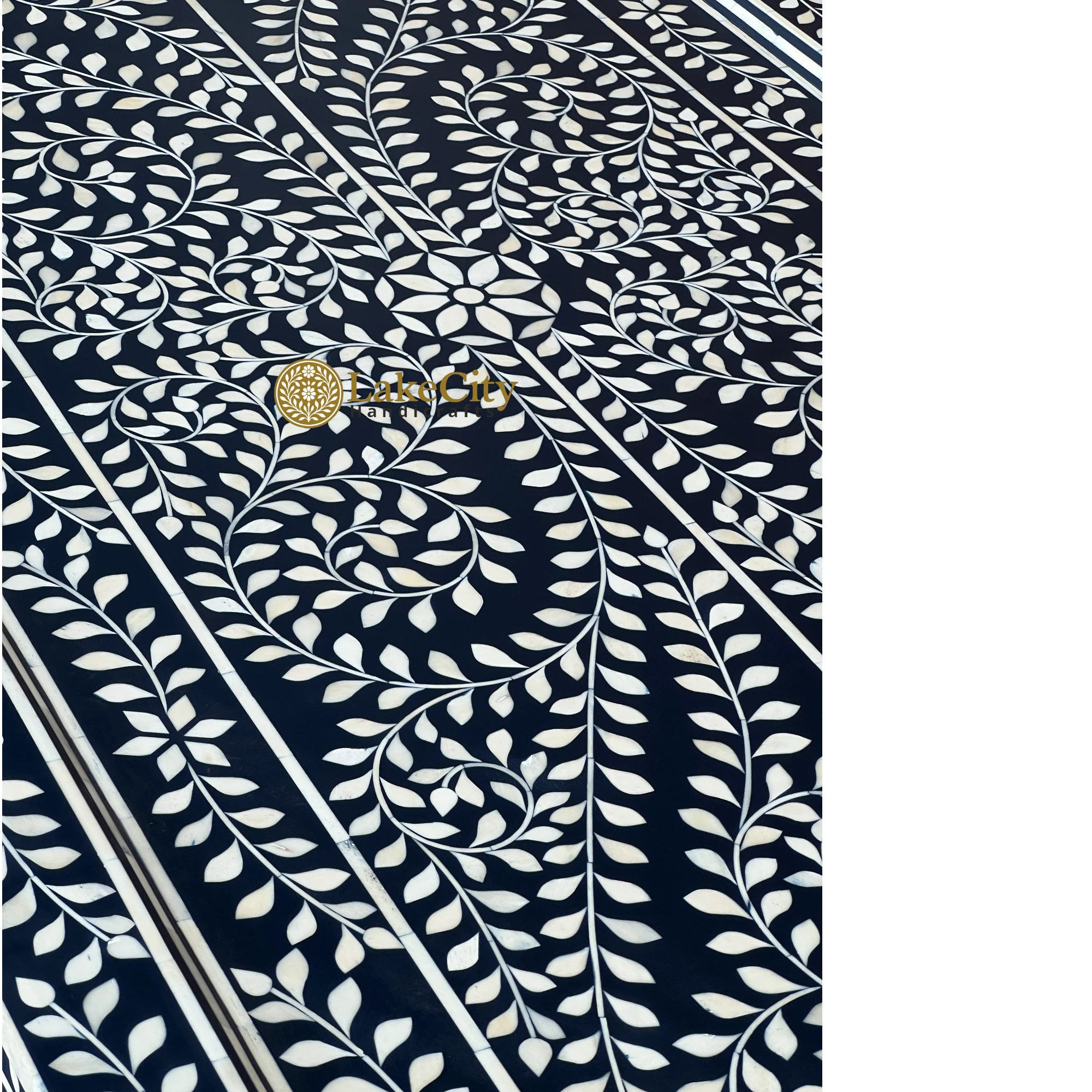 Bone Inlay Floral Design 8 Seater Dining Table Set Navy Blue