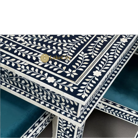 Bone Inlay Floral Design 8 Seater Dining Table Set Navy Blue
