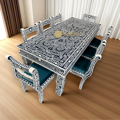 Bone Inlay Floral Design 8 Seater Dining Table Set Navy Blue