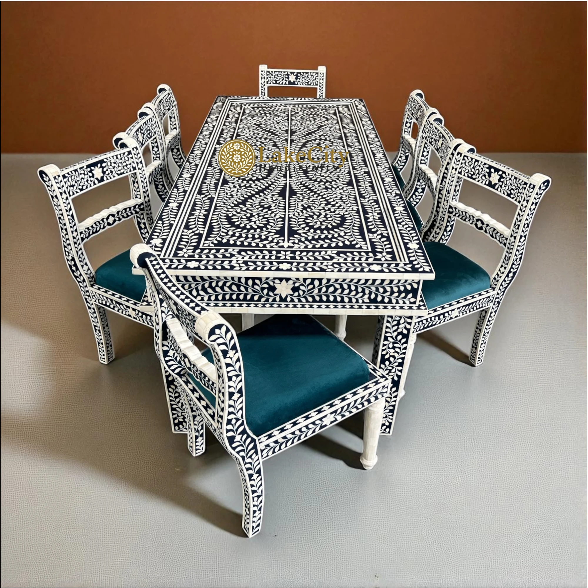 Bone Inlay Floral Design 8 Seater Dining Table Set Navy Blue