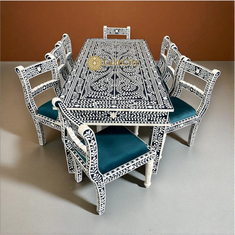 Bone Inlay Floral Design 8 Seater Dining Table Set Navy Blue