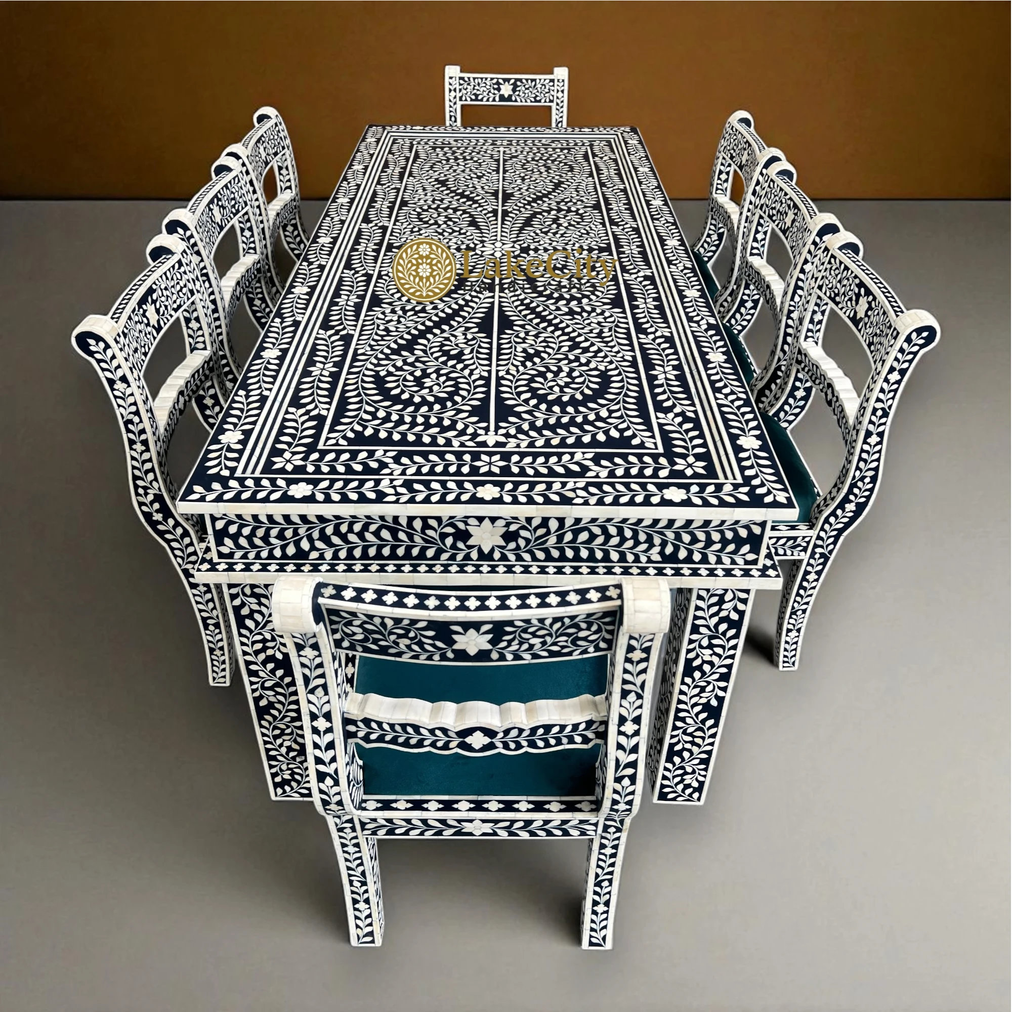 Bone Inlay Floral Design 8 Seater Dining Table Set Navy Blue