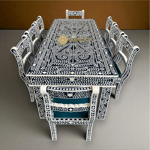 Bone Inlay Floral Design 8 Seater Dining Table Set Navy Blue