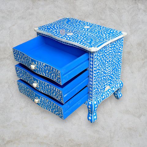 Bone Inlay Floral Design Accent Chest Three Drawers Curved Leg Dark Blue
