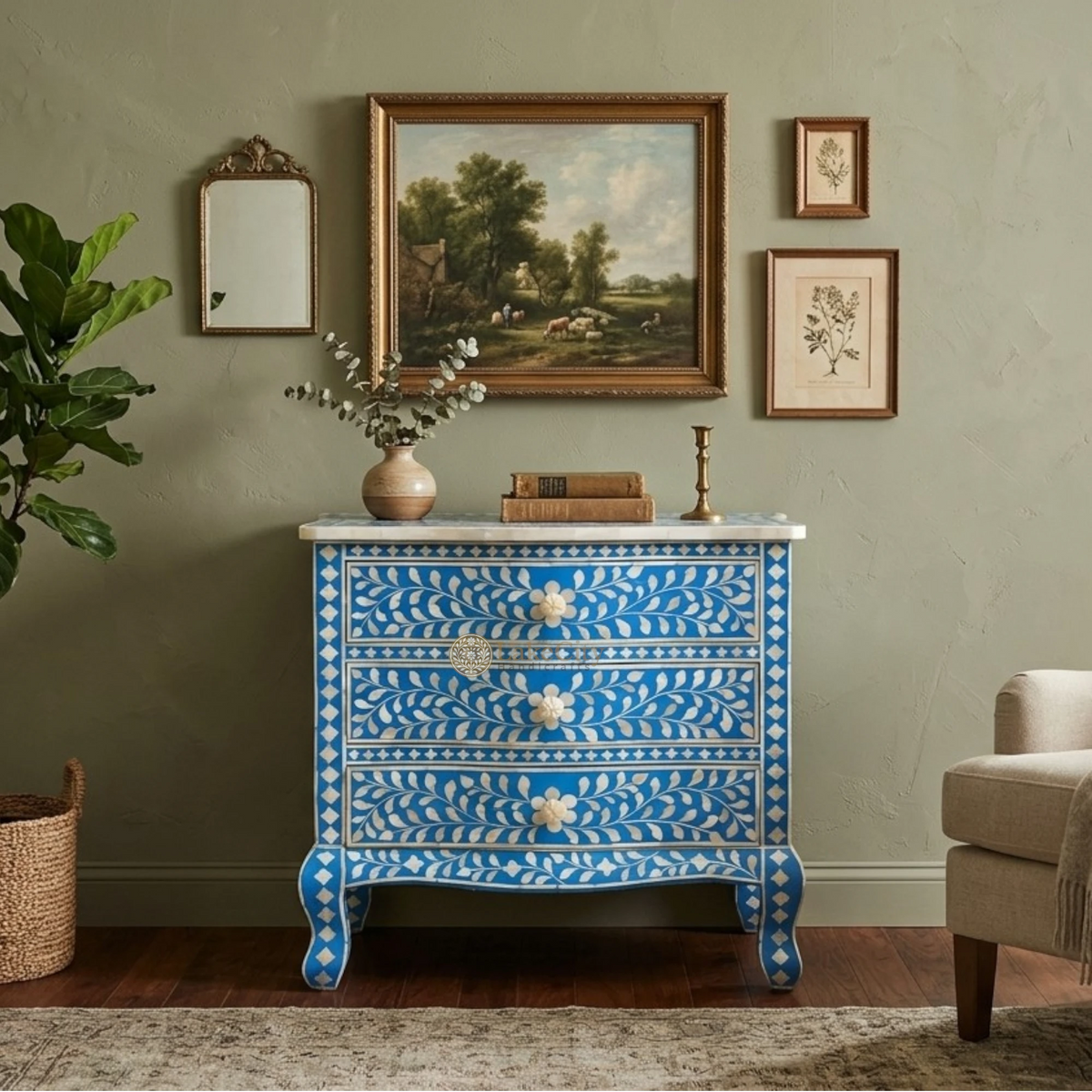 Bone Inlay Floral Design Accent Chest Three Drawers Curved Leg Dark Blue