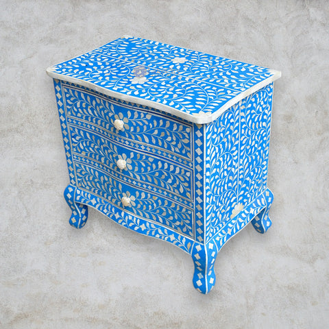 Bone Inlay Floral Design Accent Chest Three Drawers Curved Leg Dark Blue