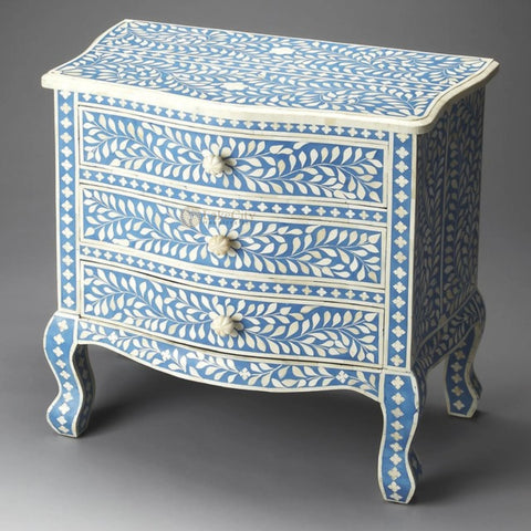 Bone Inlay Floral Design Accent Chest Three Drawers Curved Leg Light Blue