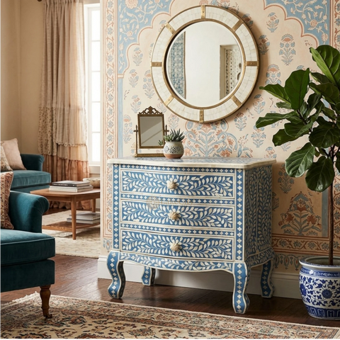 Bone Inlay Floral Design Accent Chest Three Drawers Curved Leg Light Blue