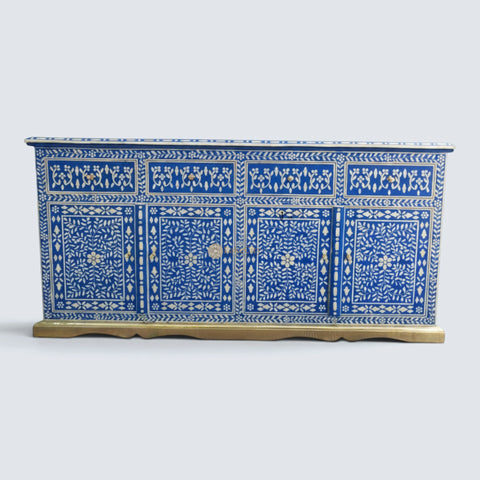 Bone Inlay Floral Design Arabic 4 Drawers & 4 Door Buffet Table Blue