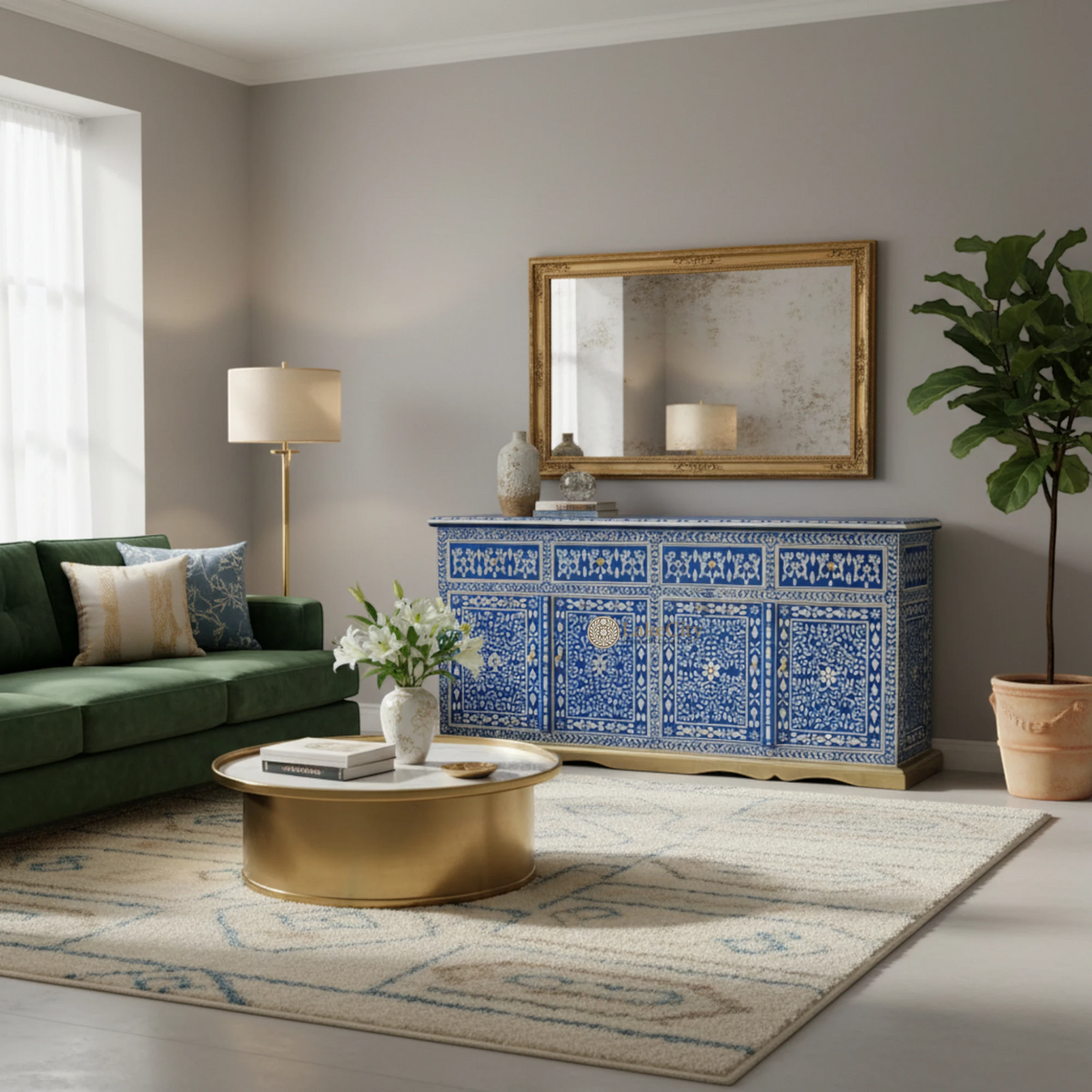 Bone Inlay Floral Design Arabic 4 Drawers & 4 Door Buffet Table Blue