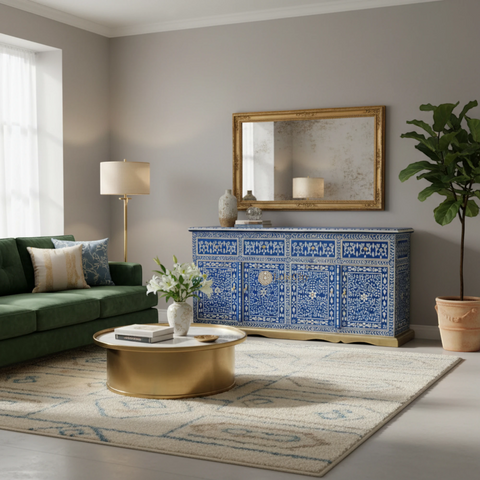 Bone Inlay Floral Design Arabic 4 Drawers & 4 Door Buffet Table Blue