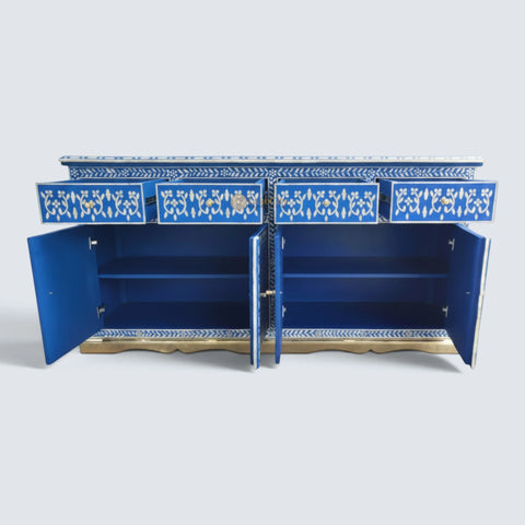 Bone Inlay Floral Design Arabic 4 Drawers & 4 Door Buffet Table Blue